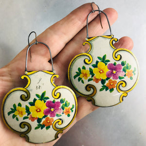 Vintage Flowers on White Lantern Shape Recycled Tin Earrings