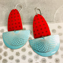 Load image into Gallery viewer, Red Polka Dots &amp; Aqua Spirograph Upcycled Tin Boat Earrings
