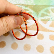 Load image into Gallery viewer, Spiraled Tin Bright Orange Hoop Earrings