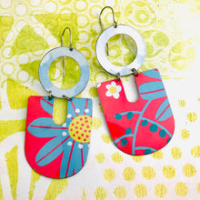 Load image into Gallery viewer, Big Blue Flower on Pink Chunky Horseshoes Zero Waste Tin Earrings