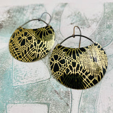 Load image into Gallery viewer, Golden Lace on Midnight Circles Upcycled Tin Earrings