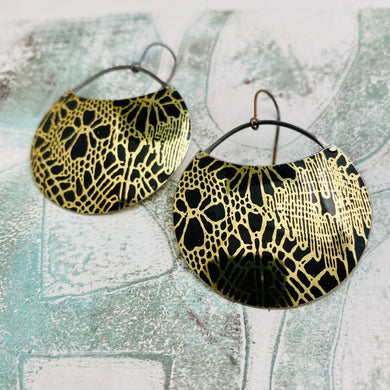 Golden Lace on Midnight Circles Upcycled Tin Earrings