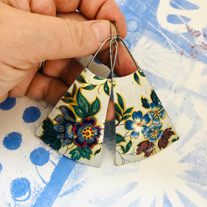 Mixed Blue Vintage Flowers Upcycled Tin Long Fans Earrings