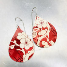 Load image into Gallery viewer, Cherry Blossoms on Carmine Upcycled Teardrop Tin Earrings
