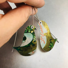 Load image into Gallery viewer, Antiqued Gold &amp; Green Birds on a Wire Upcycled Tin Earrings