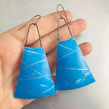 Load image into Gallery viewer, Bright Blue Distressed Lines Upcycled Long Fan Tin Earrings