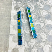 Load image into Gallery viewer, Fenced &amp; Folded Blues &amp; Pop of Sunshine Rectangle Tin Earrings