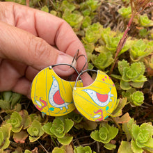 Load image into Gallery viewer, Mod Birds on Goldenrod Crescent Circles Upcycled Tin Earrings