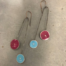Load image into Gallery viewer, Magenta and Sky Long Dot Upcycled Tin Earrings