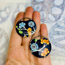 Load image into Gallery viewer, Blossoms On Midnight Blue Circles Upcycled Tin Earrings