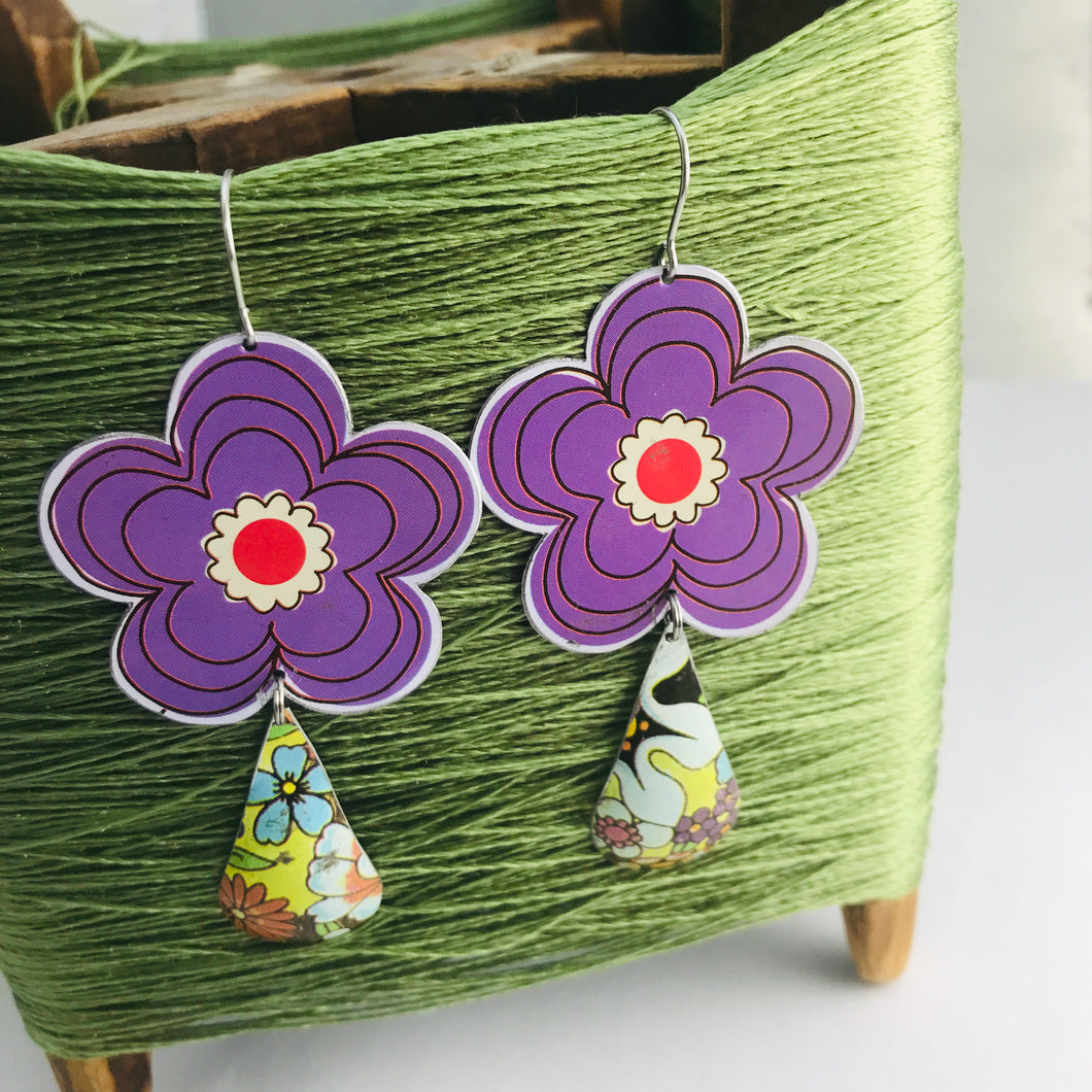 Big Purple Flowers Upcycled Vintage Tin Long Fans Earrings