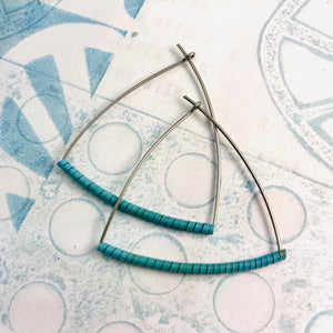 Small Muted Aqua Blue Spiraled Tin Triangle Hoop Earrings