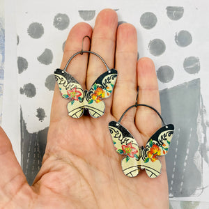 Flowers on Cream Butterflies Upcycled Tin Earrings