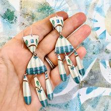Load image into Gallery viewer, Blue Stripes on Cream Tin Chandelier Earrings