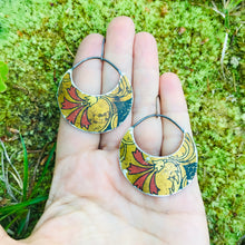 Load image into Gallery viewer, Scarlet Flowers on Antique Gold Upcycled Tin Crescent Circle Earrings