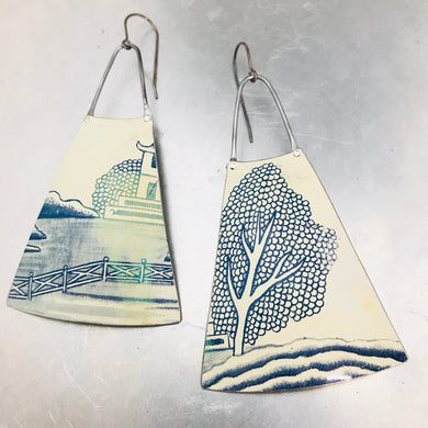Pagoda and Japanese Tree Upcycled Vintage Tin Long Fans Earrings