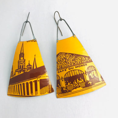 Cafe du Monde Coffee Wide Fan Upcycled Vintage Tin Earrings