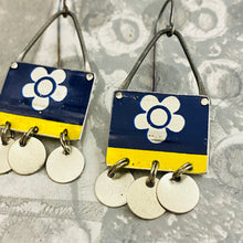 Load image into Gallery viewer, Silver Blossoms on Sapphire Rectdangles Upcycled Tin Earrings
