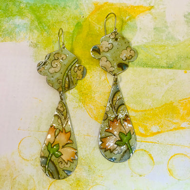 Vintage Pink Flowers Long Teardrops Zero Waste Tin Earrings