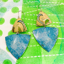 Load image into Gallery viewer, Mottled Blue &amp; Vintage Leaves on Cream Tourmaline &amp; Zero Waste Tin Earrings Ethical Jewelry