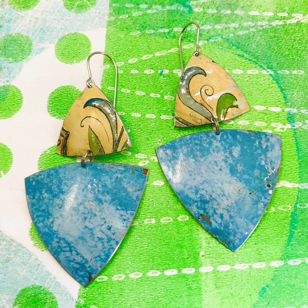 Mottled Blue & Vintage Leaves on Cream Tourmaline & Zero Waste Tin Earrings Ethical Jewelry