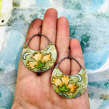 Load image into Gallery viewer, Pink Flowers on Dusty Seafoam Circles Upcycled Tin Earrings