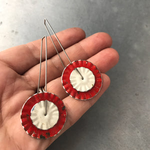 Red and White Ruffled Discs Tin Earrings by adaptive reuse jewelry