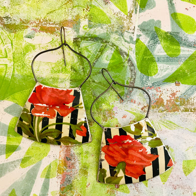 Vintage Red Roses Upcycled Tin Long Fans Earrings