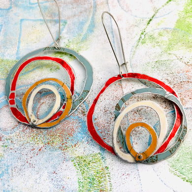 Slate, Scarlet, Butterscotch & Cream Scribbles Upcycled Tin Earrings