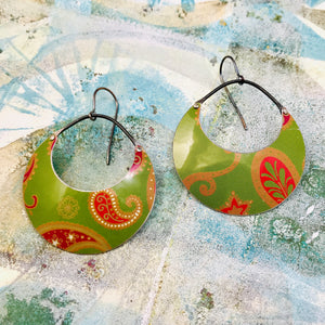 Pink Paisley on Matcha Crescent Circles Upcycled Tin Earrings