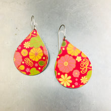 Load image into Gallery viewer, Tiny Flowers on Cerise Pink Upcycled Teardrop Tin Earrings adaptive reuse jewelry