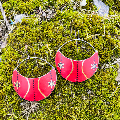 Scarlet with Gold & Black Circles Upcycled Tin Earrings