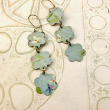 Load image into Gallery viewer, Faded Denim Flowers Upcycled Rectangles Tin Earrings