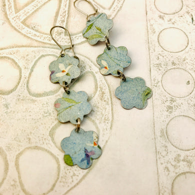Faded Denim Flowers Upcycled Rectangles Tin Earrings