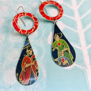 Red Ring Japanese Family Upcycled Vintage Tin Long Teardrops Earrings