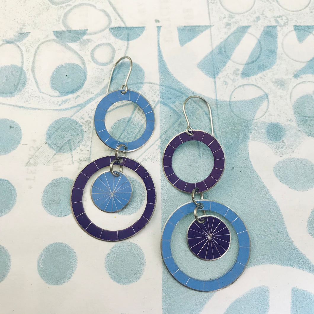 RESERVED Purple & Cornflower Starburst Multi Circles Upcycled Tin Earrings
