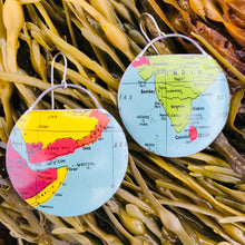 Load image into Gallery viewer, Vintage Tin Globe: India &amp; Arabian Sea Upcycled Circle Earrings