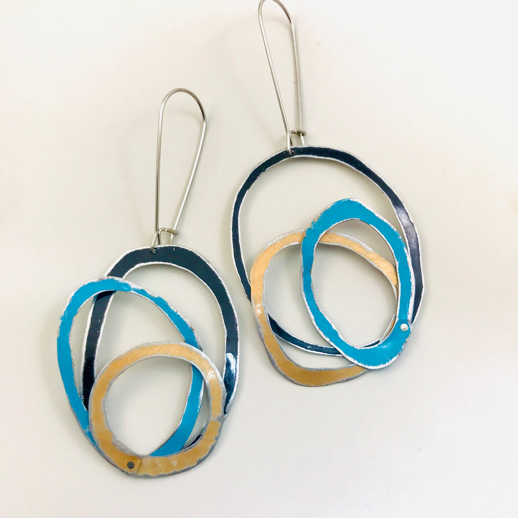 Midnight, Lake & Gold Scribbles Upcycled Tin Earrings
