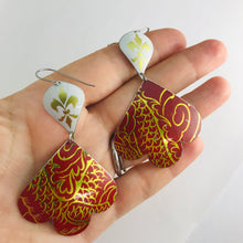 Load image into Gallery viewer, Gold Fleur de Lis on White &amp; Reds Trefoil Upcyled Tin Earrings