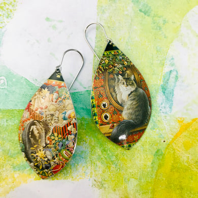 Christmas Cats Upcycled Long Pod Tin Earrings