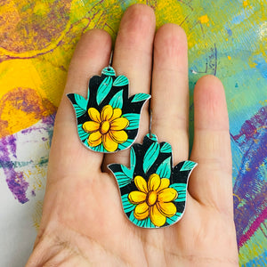 Yellow Blossoms Classic Hamsa Upcycled Tin Earrings