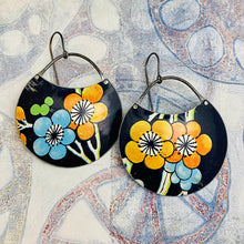 Load image into Gallery viewer, Big Blossoms On Midnight Blue Circles Upcycled Tin Earrings