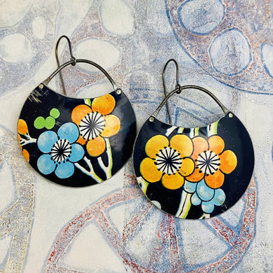 Big Blossoms On Midnight Blue Circles Upcycled Tin Earrings