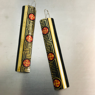 Black, Gold & Red Maze Pattern Long Rectangle Tin Earrings
