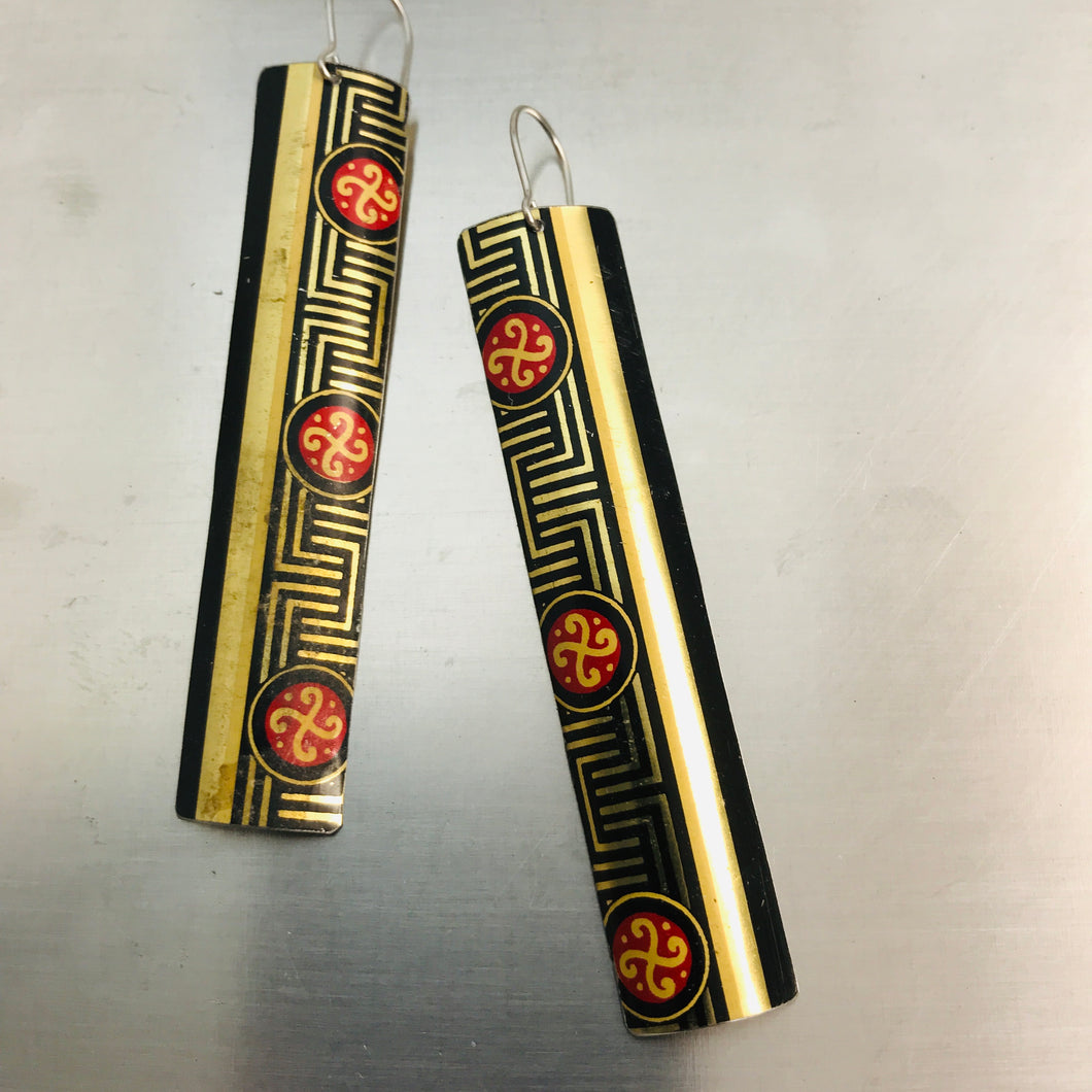 Black, Gold & Red Maze Pattern Long Rectangle Tin Earrings