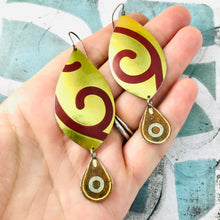 Load image into Gallery viewer, Maroon Spiral in Gold Upcycled Long Pod Tin Earrings