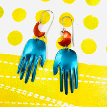 Load image into Gallery viewer, Maker Moons In Shimmery Peacock &amp;  Sunset Talisman Zero Waste Tin Earrings