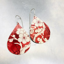 Load image into Gallery viewer, Cherry Blossoms on Carmine Upcycled Teardrop Tin Earrings