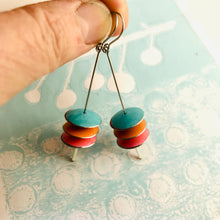 Load image into Gallery viewer, Aqua, Persimmon, Cerise Upcycled Tin Saucer Earrings