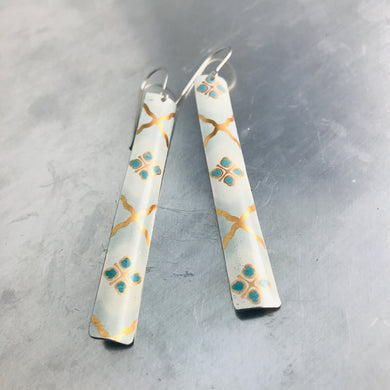 White, Gold & Teal Long Rectangle Tin Earrings